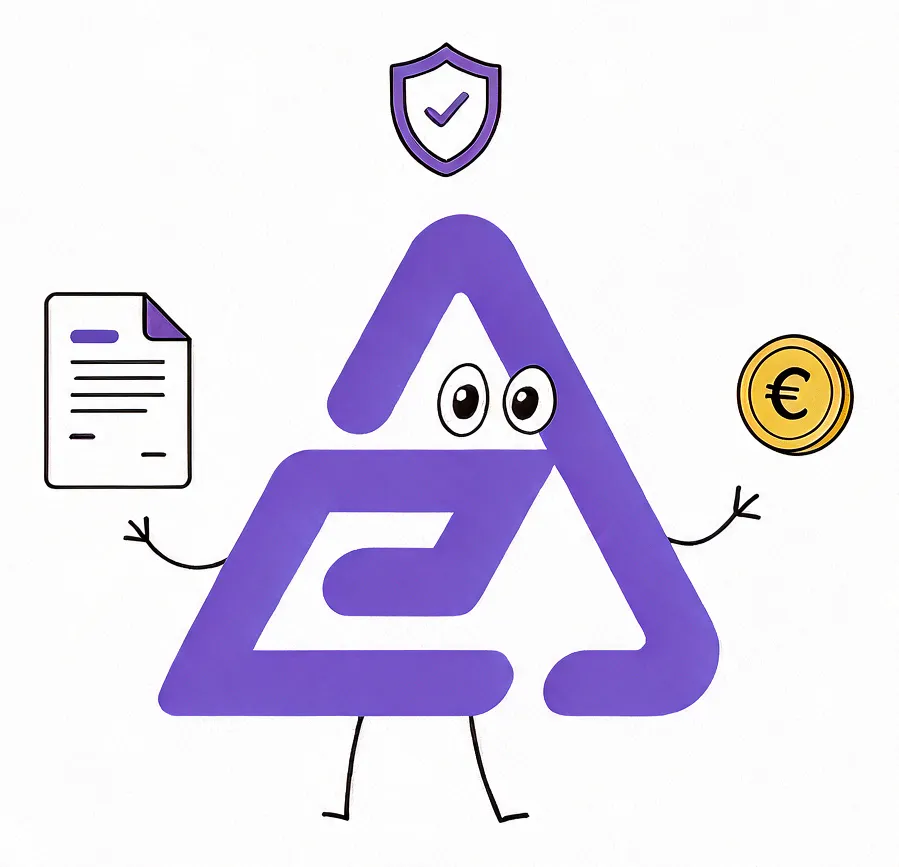 The Apeyron mascot holding a trade document in one hand and a coin in the other, under a shield